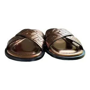 NWT Versace La Greca Metallic Leather Sandal Versace Black Leather Greca Pattern Slides Size 45 EU main image 3